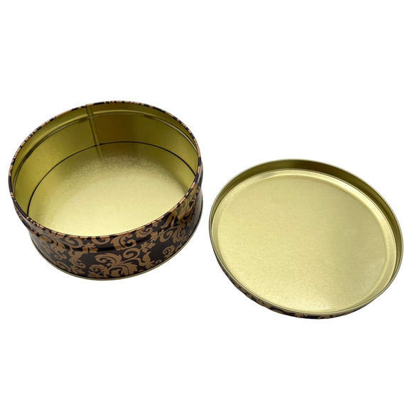 Vintage Round Gold Brown Metal Trinket Box Gift Tin Storage Ornate Leaf Pattern - Picture 3 of 6